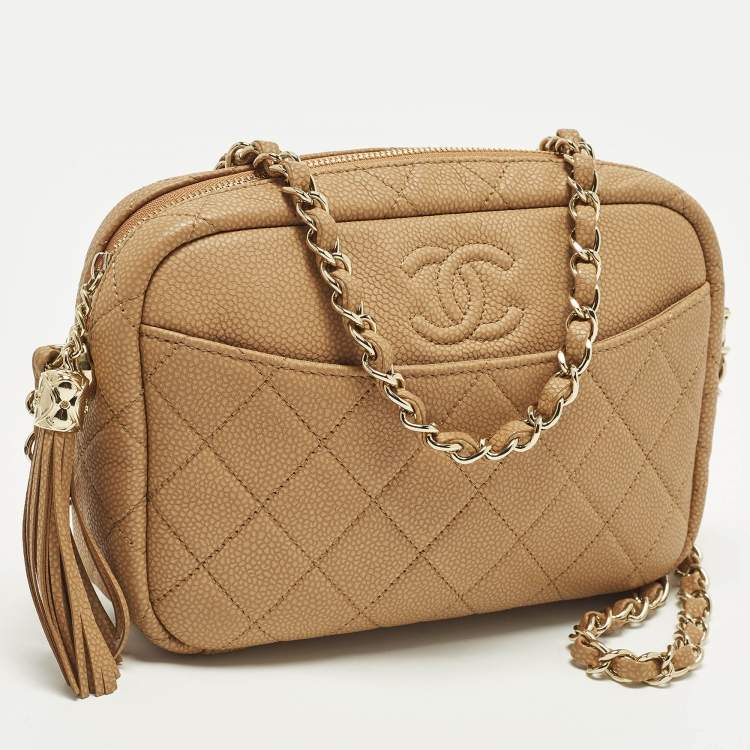 Pre Owned Chanel Coco Tassel Brown Quilted Caviar Leather Camera Bag