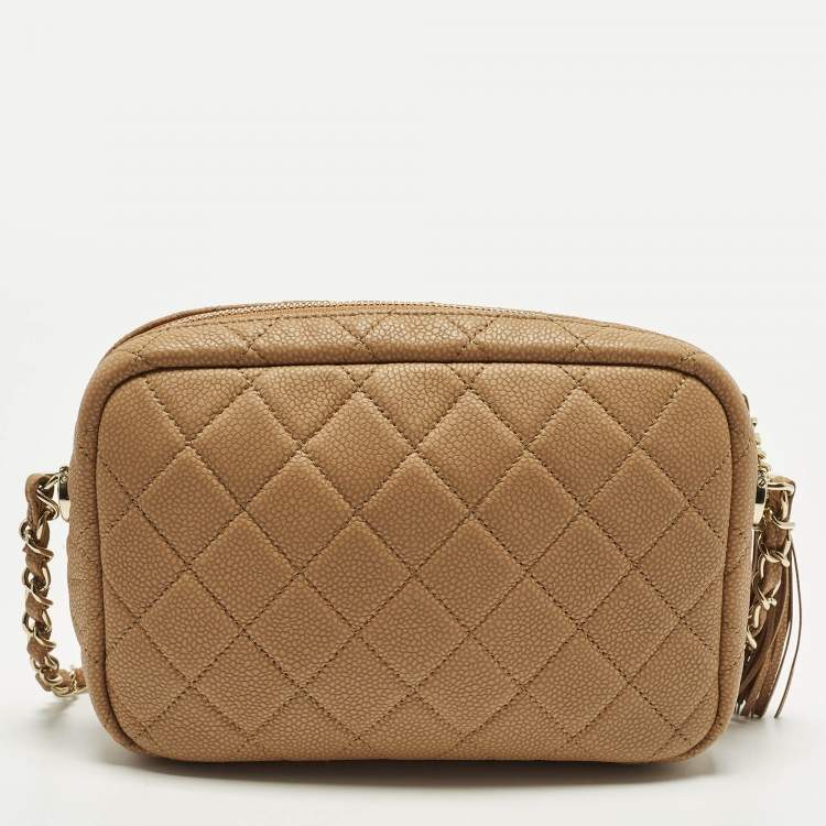 Pre Owned Chanel Coco Tassel Brown Quilted Caviar Leather Camera Bag