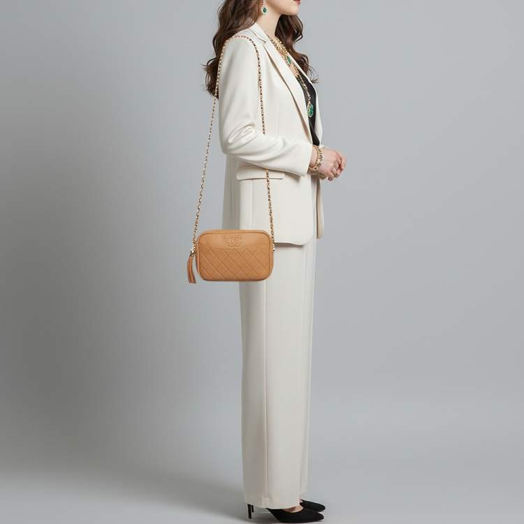 Pre Owned Chanel Coco Tassel Brown Quilted Caviar Leather Camera Bag