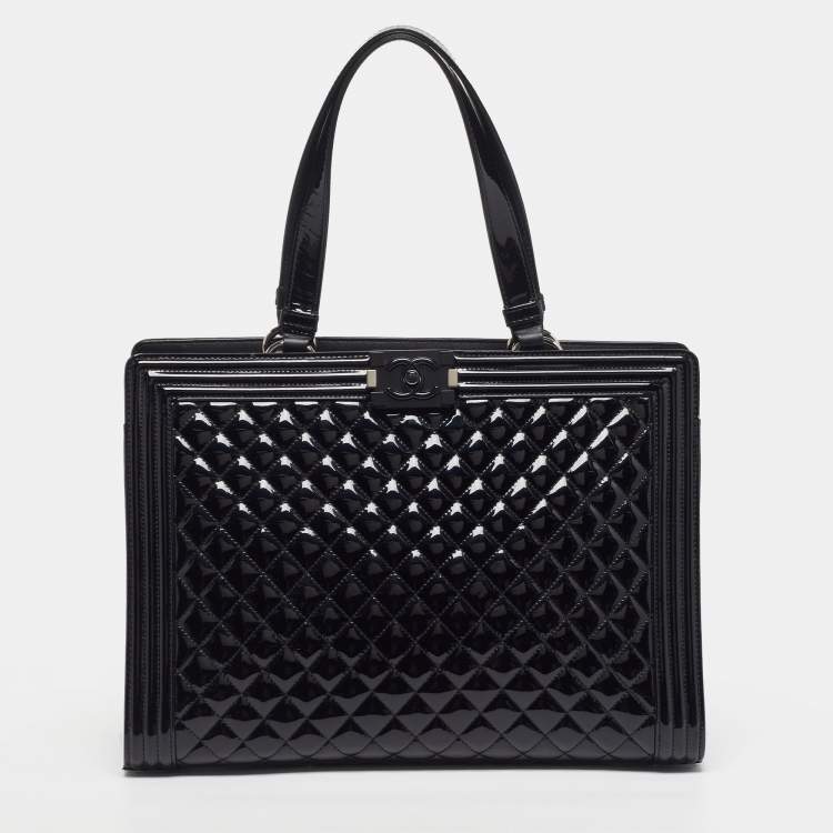 Pre Owned Chanel Boy Large Black Quilted Patent Leather Shopper Tote