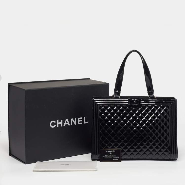 Pre Owned Chanel Boy Large Black Quilted Patent Leather Shopper Tote