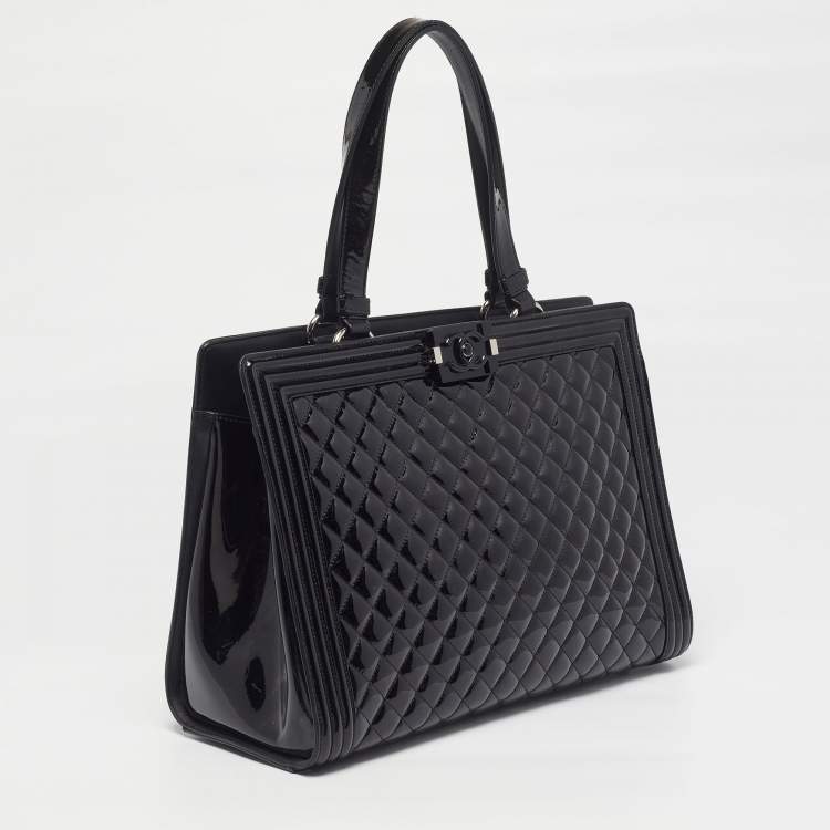 Pre Owned Chanel Boy Large Black Quilted Patent Leather Shopper Tote