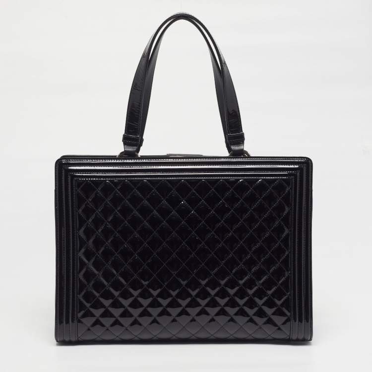 Pre Owned Chanel Boy Large Black Quilted Patent Leather Shopper Tote
