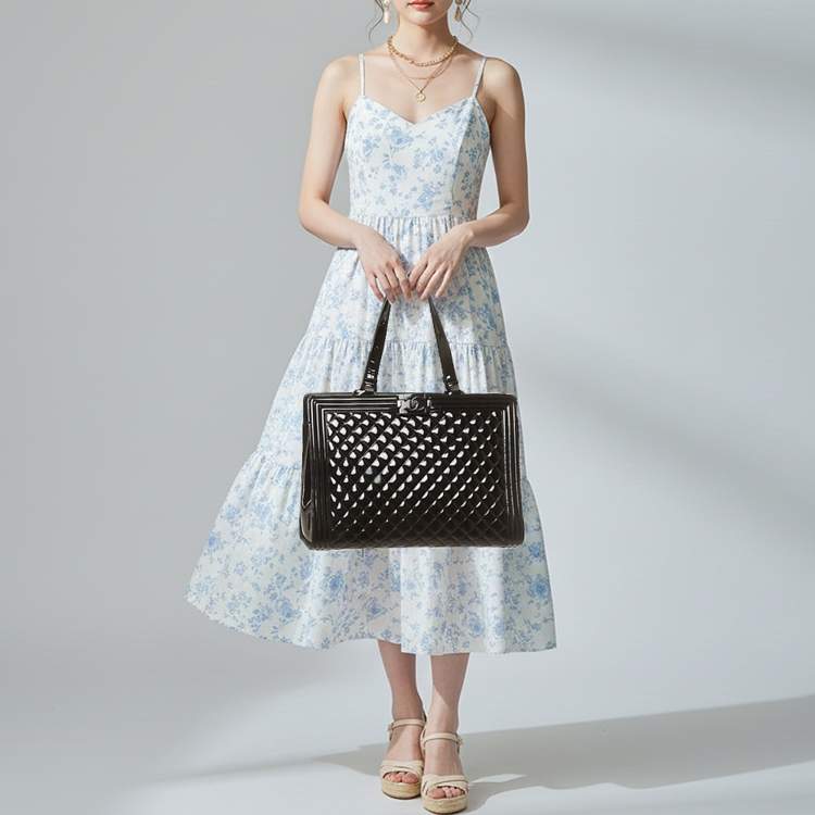 Pre Owned Chanel Boy Large Black Quilted Patent Leather Shopper Tote