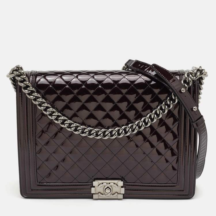 Pre Owned Chanel Boy Large Black Quilted Patent Leather Flap Bag