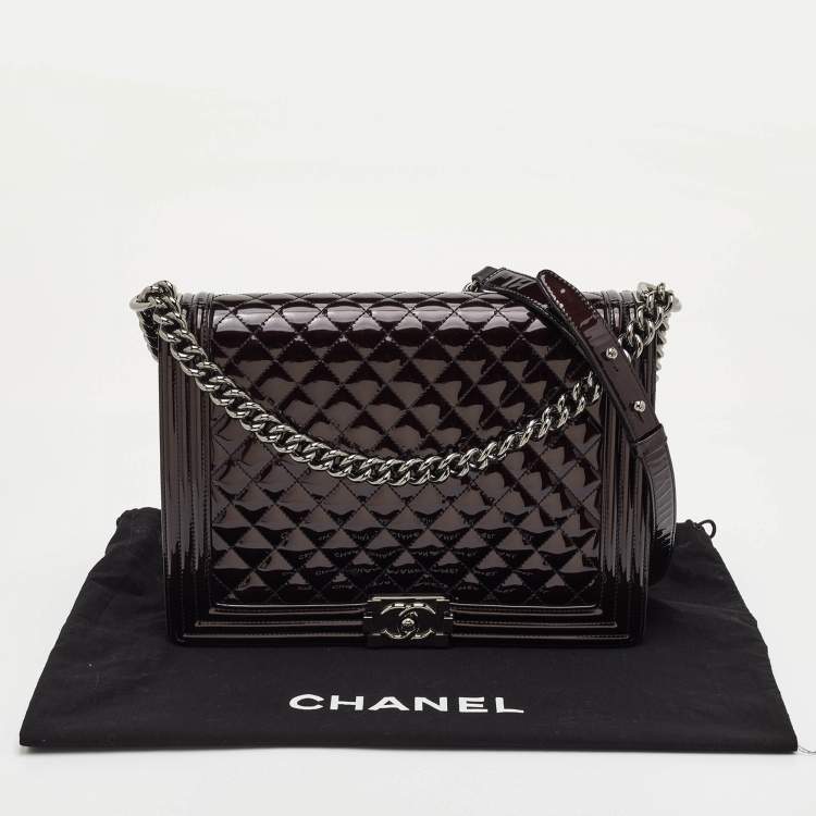 Pre Owned Chanel Boy Large Black Quilted Patent Leather Flap Bag