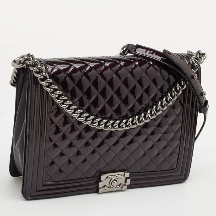 Pre Owned Chanel Boy Large Black Quilted Patent Leather Flap Bag