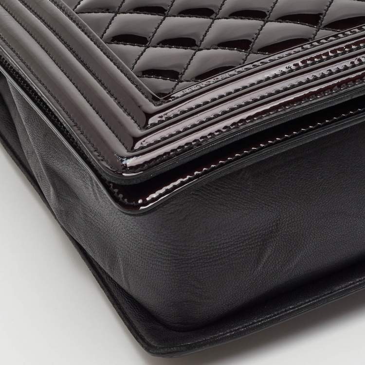 Pre Owned Chanel Boy Large Black Quilted Patent Leather Flap Bag