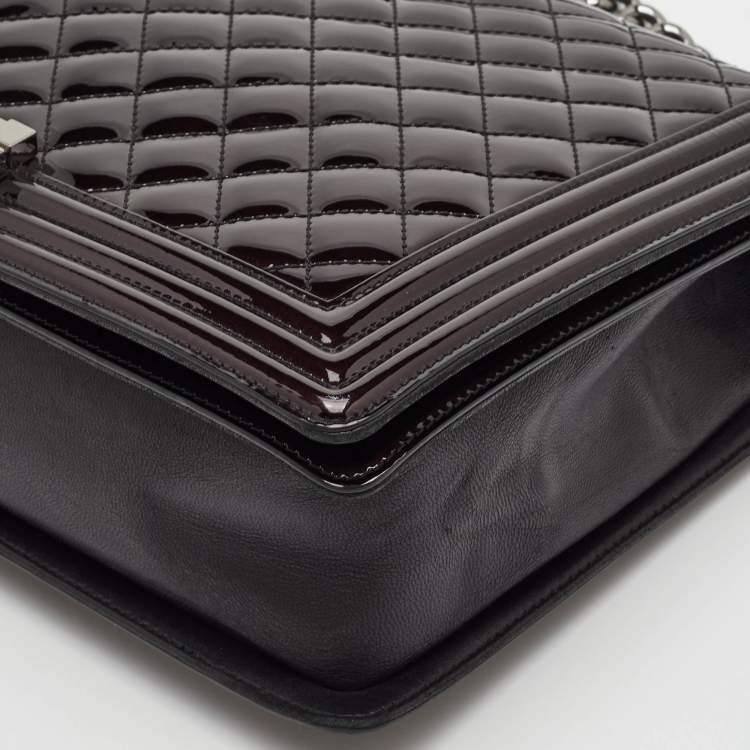 Pre Owned Chanel Boy Large Black Quilted Patent Leather Flap Bag