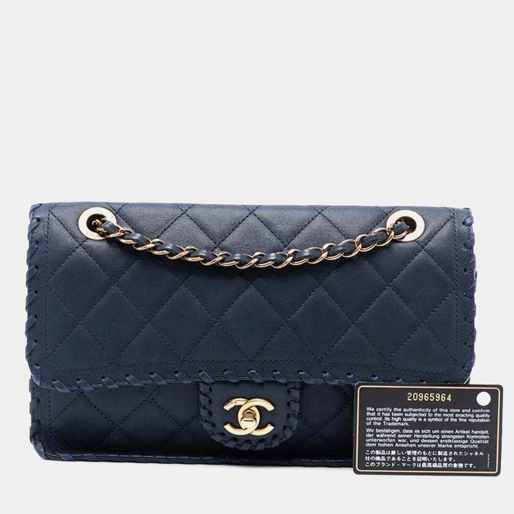 Pre Owned Chanel Blue Medium Quilted Iridescent Calfskin Happy Stitch Flap