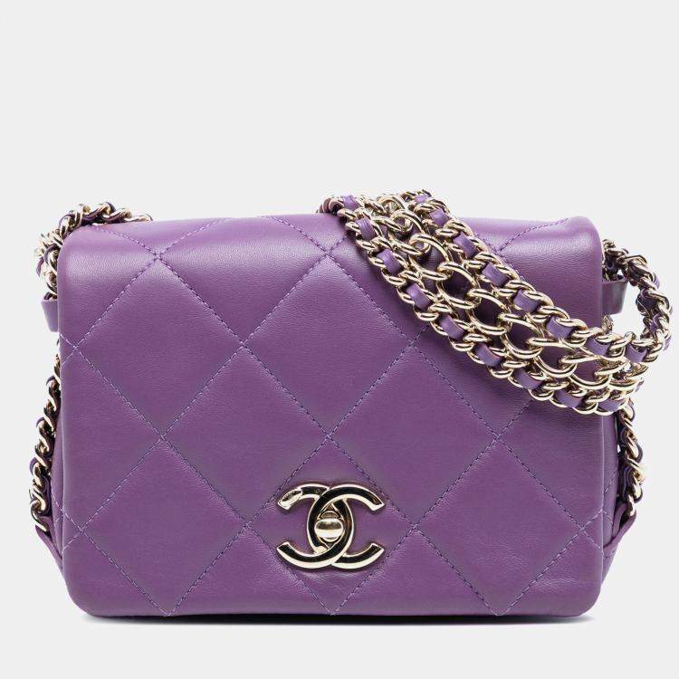 Pre Owned Chanel Purple Mini Lambskin Triple Chain Full Flap