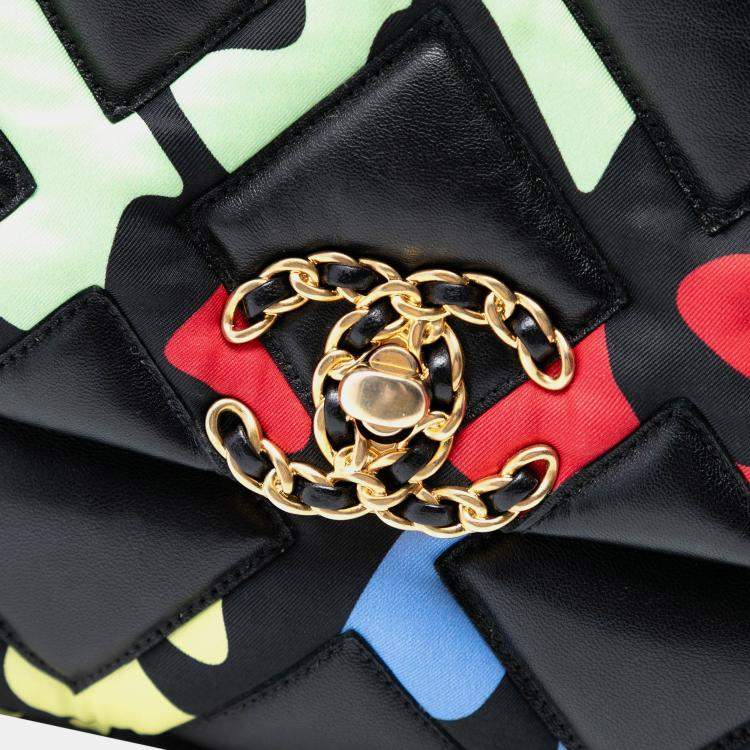Pre Owned Chanel Black Medium Lambskin and Printed Silk Fixation 19 Flap