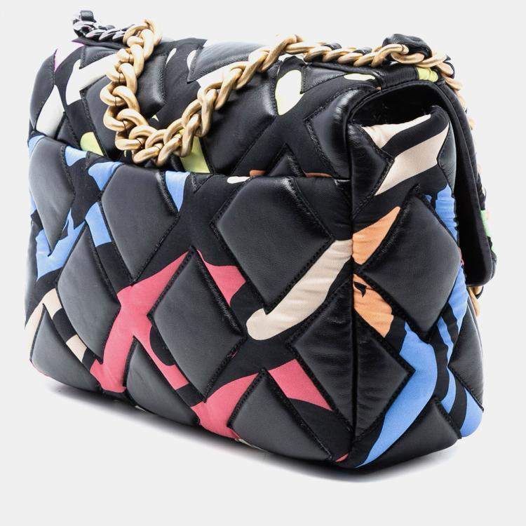 Pre Owned Chanel Black Medium Lambskin and Printed Silk Fixation 19 Flap