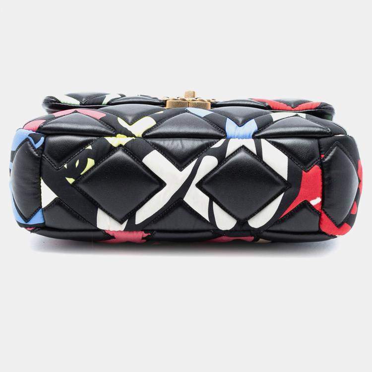 Pre Owned Chanel Black Medium Lambskin and Printed Silk Fixation 19 Flap
