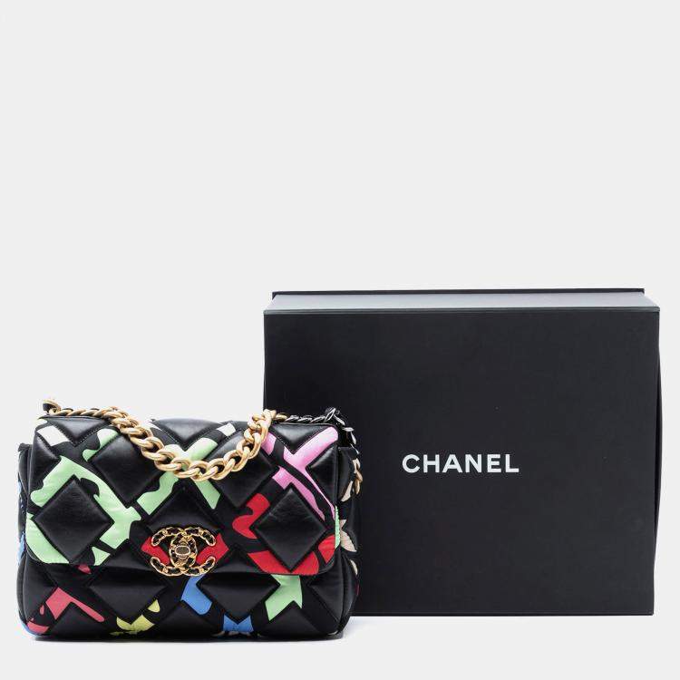 Pre Owned Chanel Black Medium Lambskin and Printed Silk Fixation 19 Flap