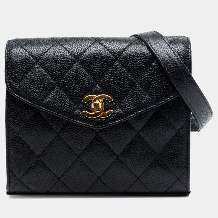 Pre Owned Chanel Black Mini CC Quilted Caviar Envelope Flap