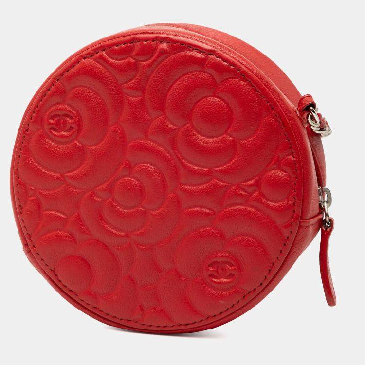 Pre Owned Chanel Red CC Goatskin Camellia Round Clutch With Chain