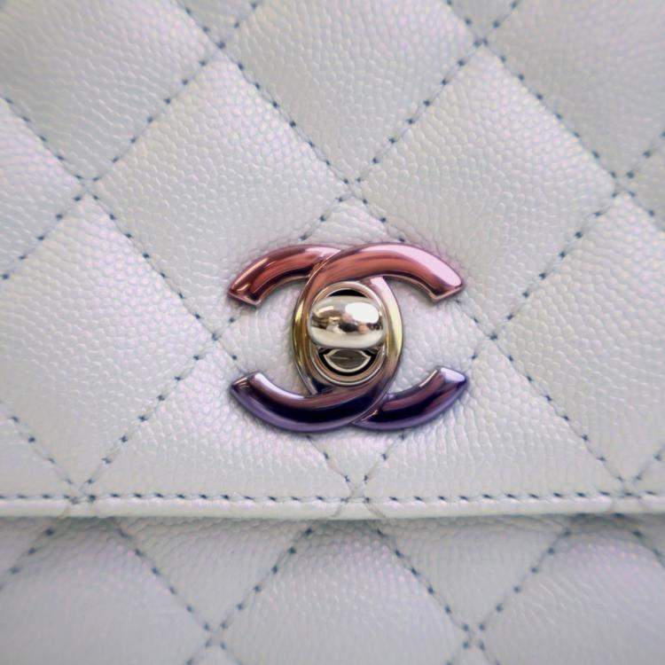 Pre Owned Chanel Blue Extra Mini Iridescent Caviar Rainbow CC Coco Top Handle Bag