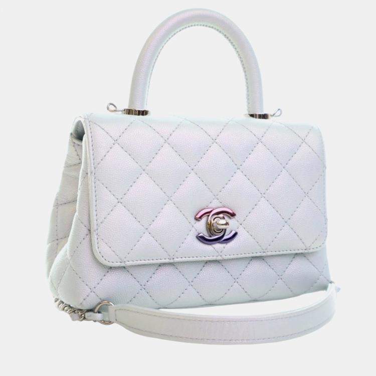 Pre Owned Chanel Blue Extra Mini Iridescent Caviar Rainbow CC Coco Top Handle Bag