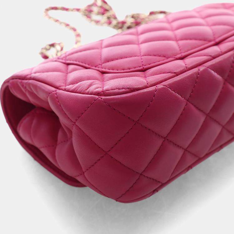 Pre Owned Chanel Mini Pink Lambskin Crystal Rectangular Top Handle Classic Flap Bag