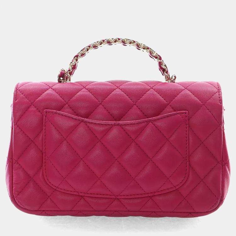 Pre Owned Chanel Mini Pink Lambskin Crystal Rectangular Top Handle Classic Flap Bag