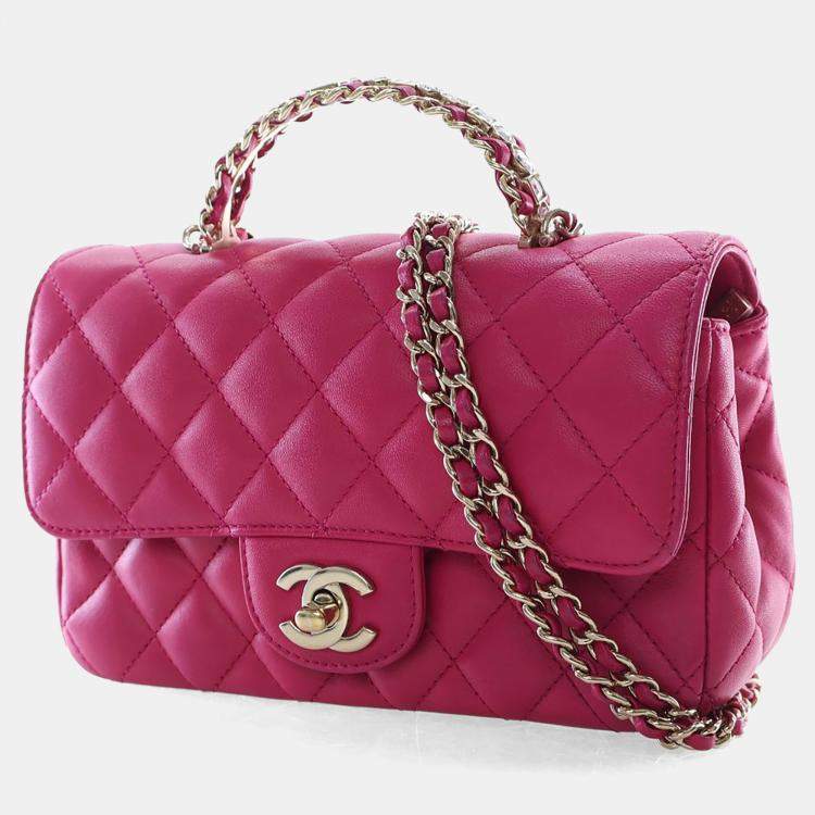 Pre Owned Chanel Mini Pink Lambskin Crystal Rectangular Top Handle Classic Flap Bag