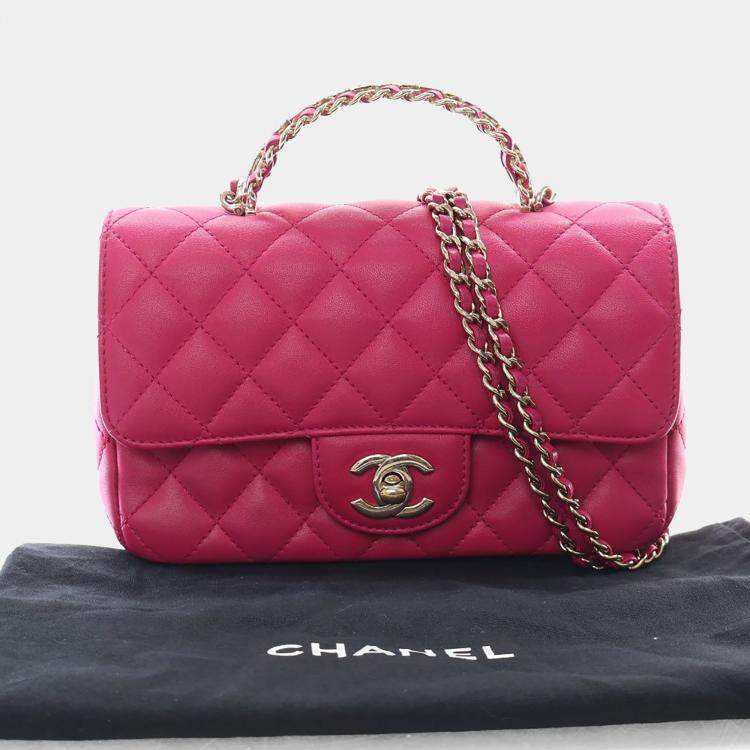 Pre Owned Chanel Mini Pink Lambskin Crystal Rectangular Top Handle Classic Flap Bag