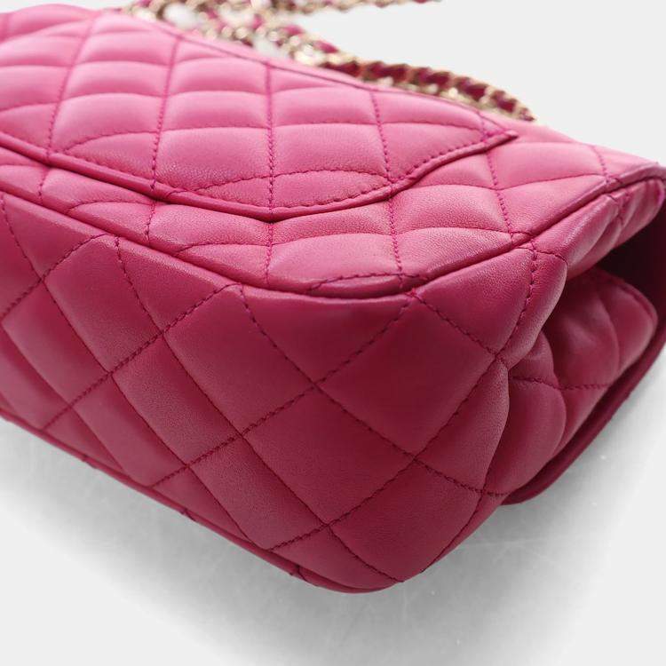 Pre Owned Chanel Mini Pink Lambskin Crystal Rectangular Top Handle Classic Flap Bag