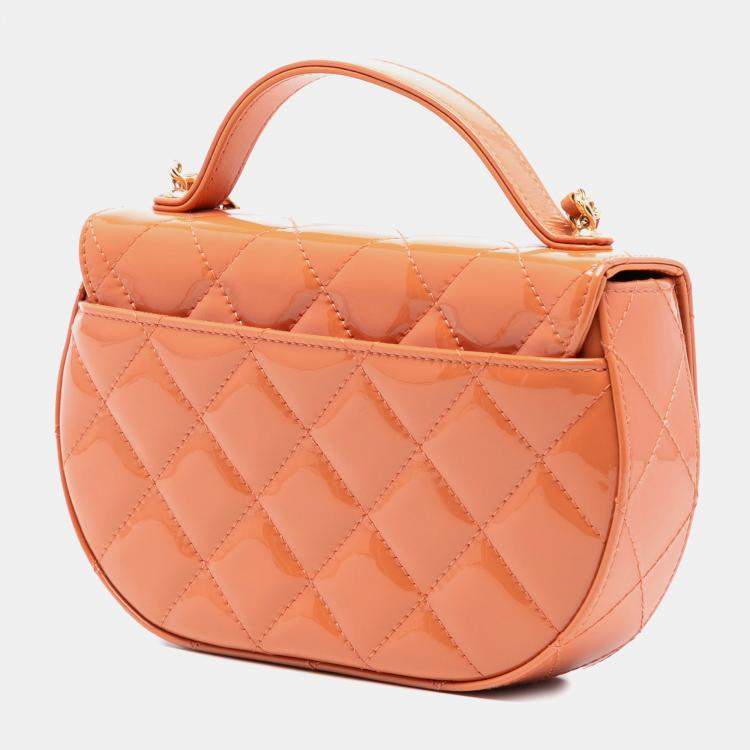 Pre Owned Chanel Orange CC Quilted Patent Top Handle Phone Holder With Chain