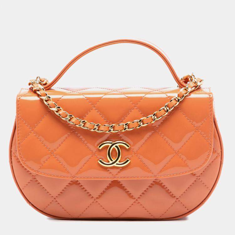 Pre Owned Chanel Orange CC Quilted Patent Top Handle Phone Holder With Chain