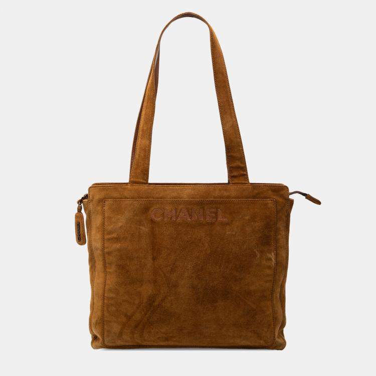 Pre Owned Chanel Brown Suede Logo Zip Tote