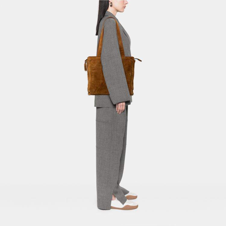 Pre Owned Chanel Brown Suede Logo Zip Tote