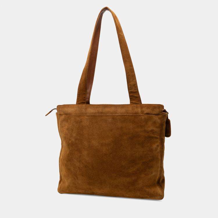 Pre Owned Chanel Brown Suede Logo Zip Tote