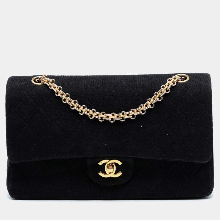 Pre Owned Chanel Black Medium Classic Jersey Bijoux Chain Double Flap
