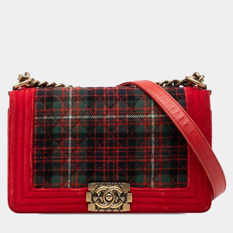 Pre Owned Chanel Red Old Medium Quilted Tweed and Velvet Boy Flap