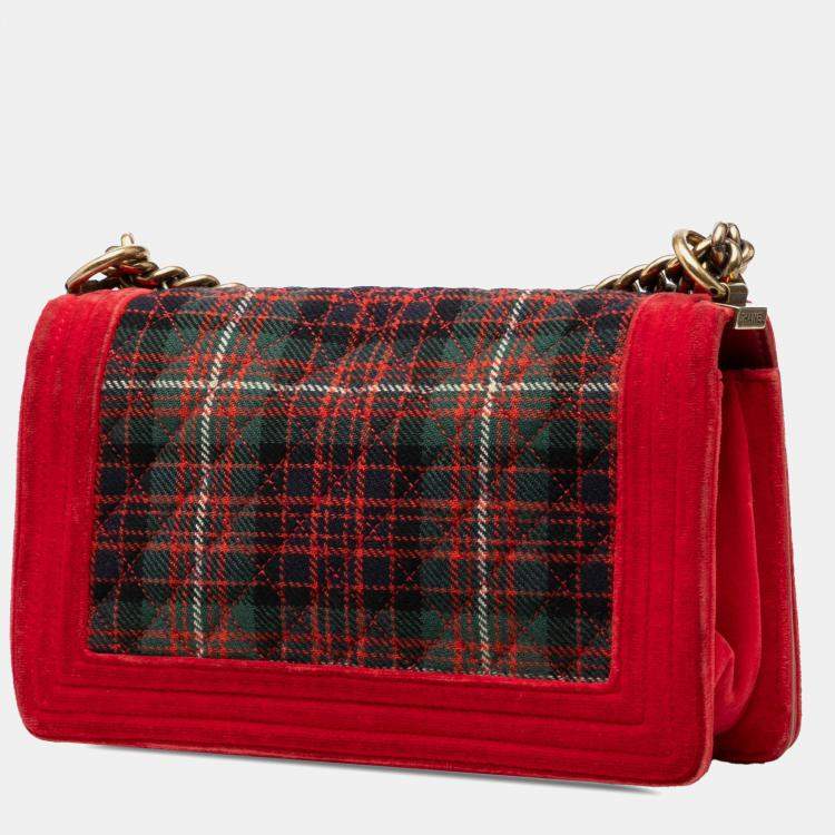 Pre Owned Chanel Red Old Medium Quilted Tweed and Velvet Boy Flap