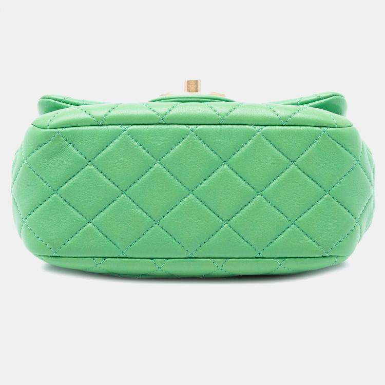 Pre Owned Chanel Green Mini Square Lambskin Pearl Samba Flap