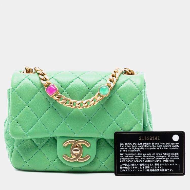 Pre Owned Chanel Green Mini Square Lambskin Pearl Samba Flap