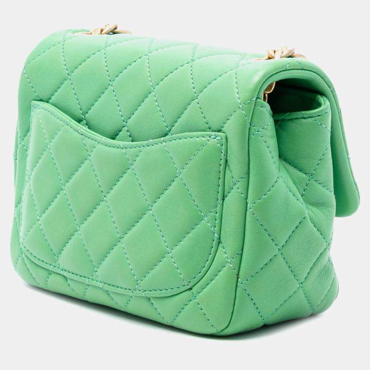 Pre Owned Chanel Green Mini Square Lambskin Pearl Samba Flap