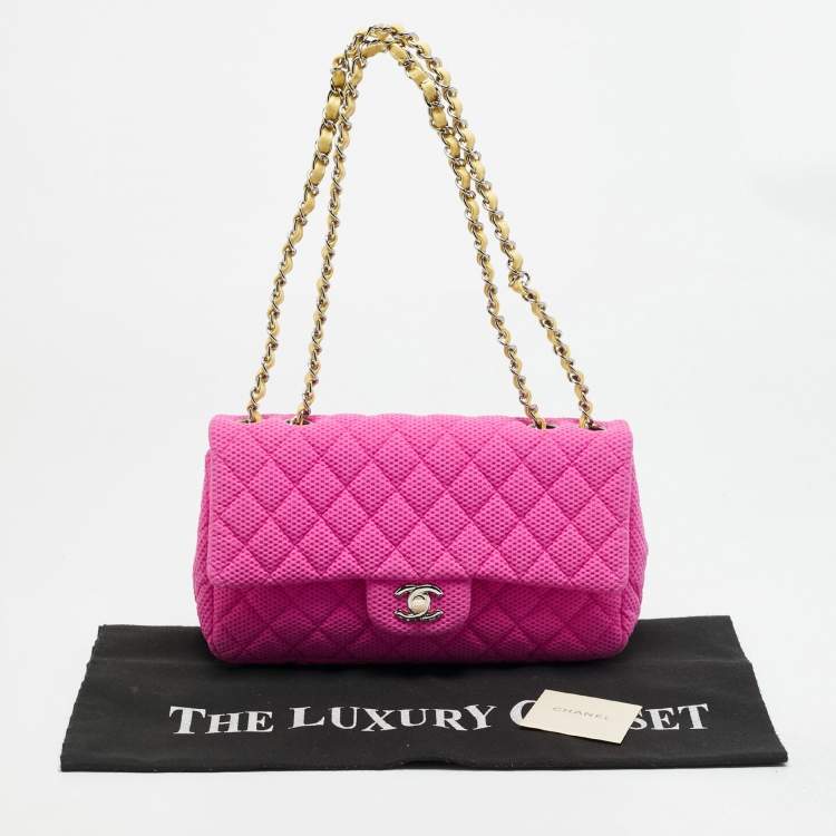 Pre Owned Chanel Classic Single Flap Medium Pink Perforated Quilted Jersey Bag
