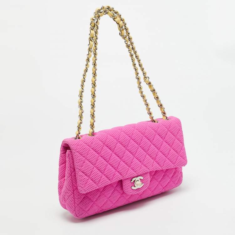 Pre Owned Chanel Classic Single Flap Medium Pink Perforated Quilted Jersey Bag