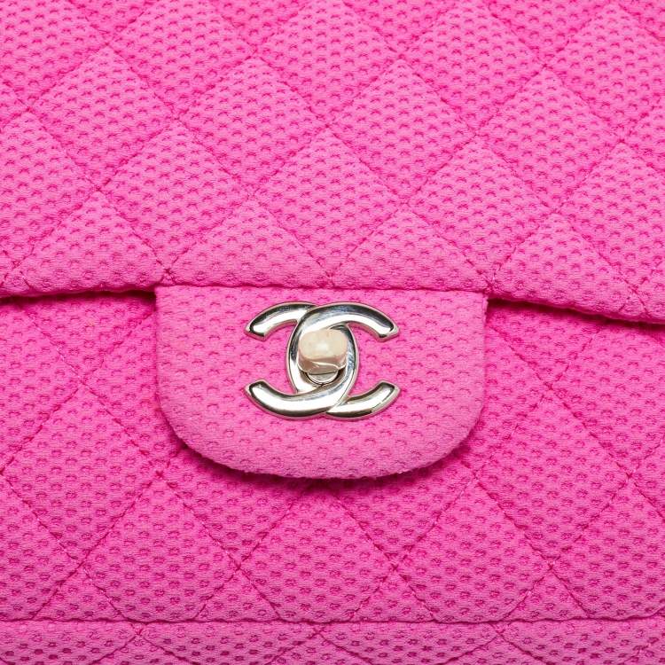 Pre Owned Chanel Classic Single Flap Medium Pink Perforated Quilted Jersey Bag