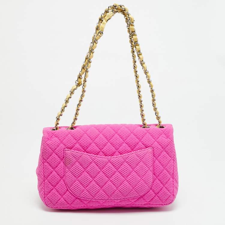 Pre Owned Chanel Classic Single Flap Medium Pink Perforated Quilted Jersey Bag