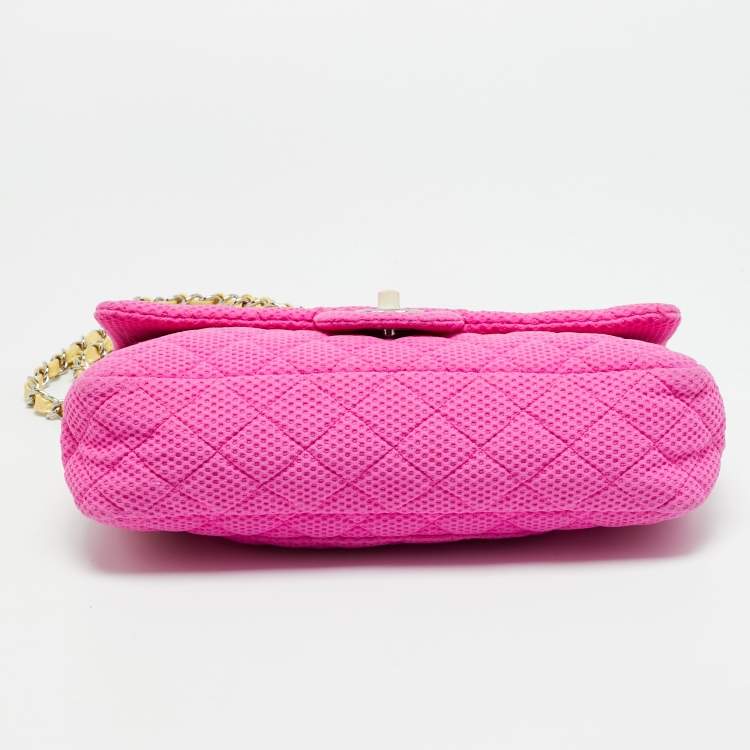 Pre Owned Chanel Classic Single Flap Medium Pink Perforated Quilted Jersey Bag