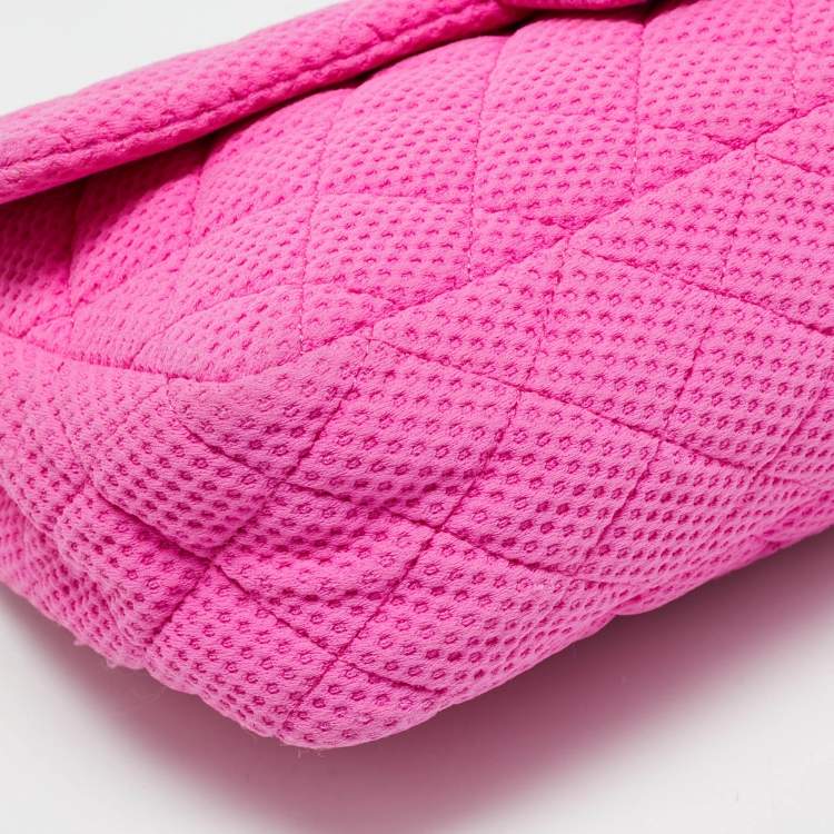 Pre Owned Chanel Classic Single Flap Medium Pink Perforated Quilted Jersey Bag