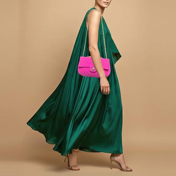 Pre Owned Chanel Classic Single Flap Medium Pink Perforated Quilted Jersey Bag