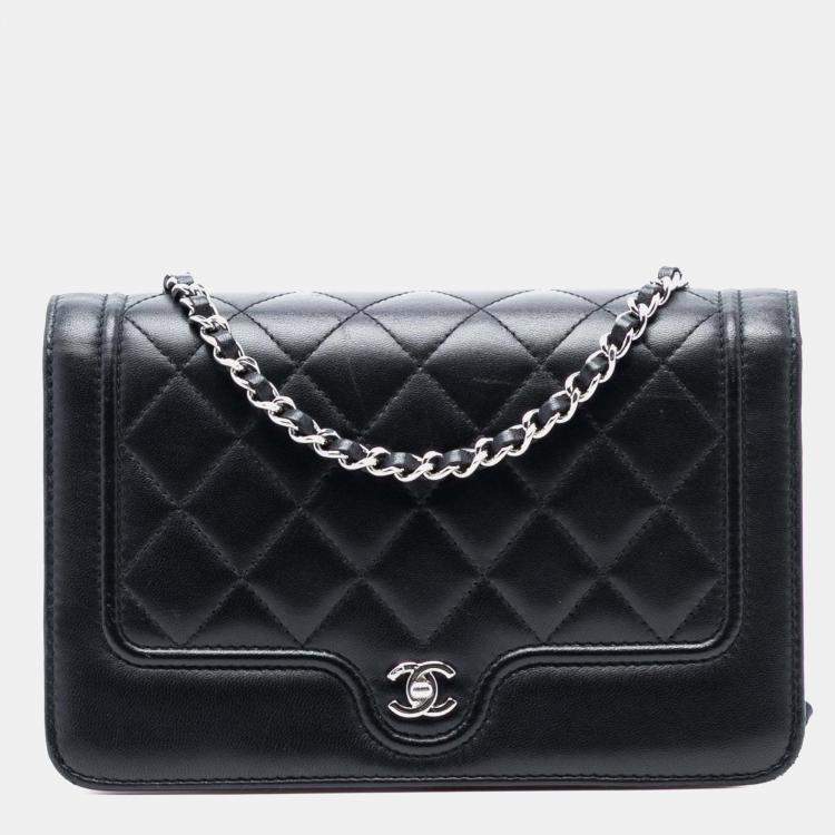 Pre Owned Chanel Black Red CC Quilted Lambskin Wallet On Chain
