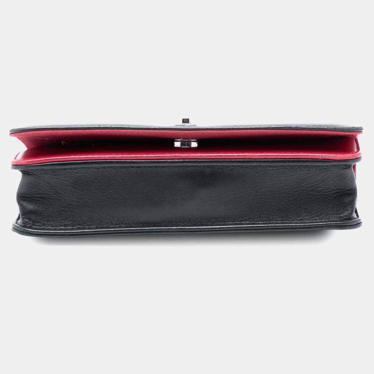Pre Owned Chanel Black Red CC Quilted Lambskin Wallet On Chain
