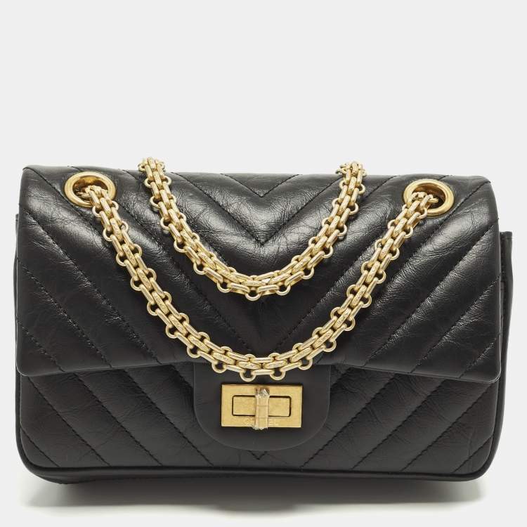 Pre Owned Chanel Reissue 2.55 Mini Black Chevron Aged Leather Flap Bag