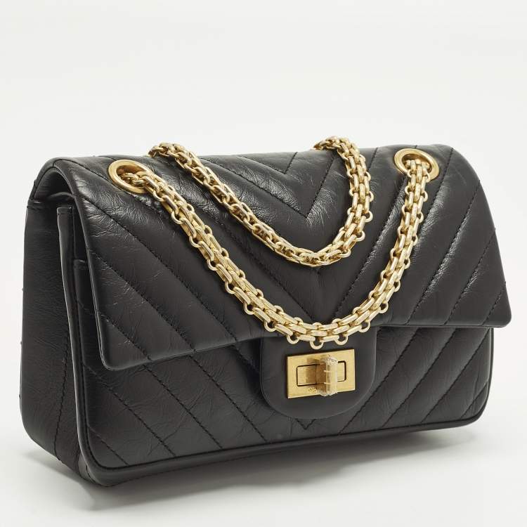 Pre Owned Chanel Reissue 2.55 Mini Black Chevron Aged Leather Flap Bag